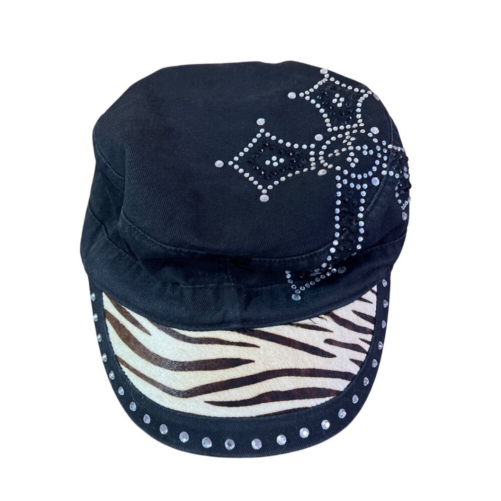 Black & Tan Zebra Print Studded Cap | One Size | Free Shipping